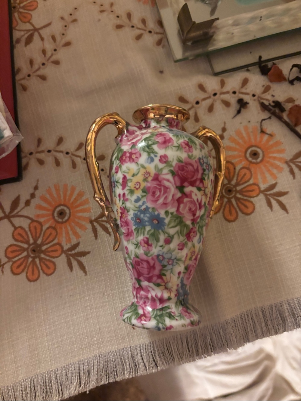 Floral Gold-Handle Decorative Vase –